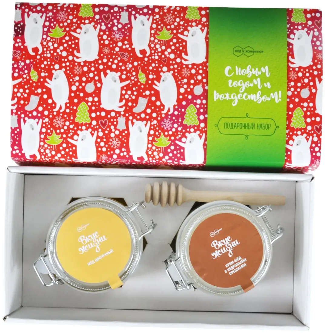 Подарочный набор "С Новым Годом и Рождеством Медведи" мёд цветочный, с кедровыми орешками бугель и ложечка медовая