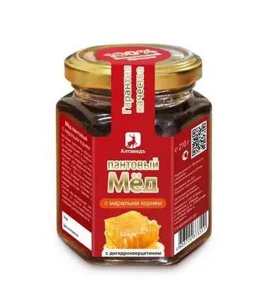 Мёд пантовый с маральим корнем и дигидрокверцитином Алтаведъ 210 гр.