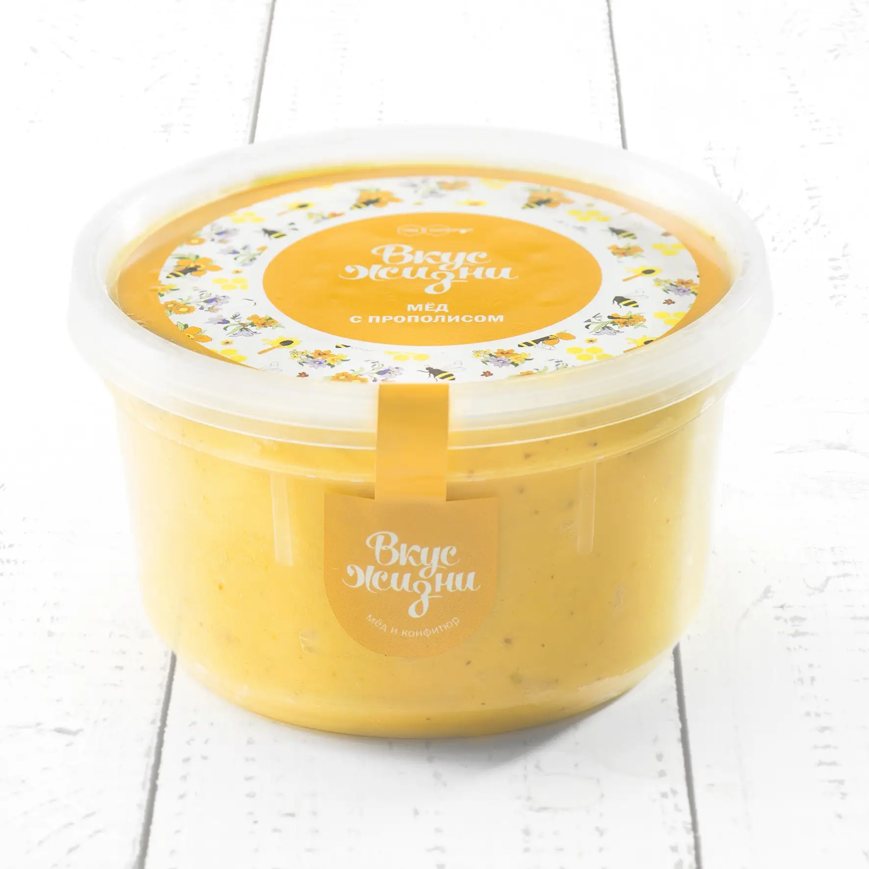 Крем-мёд с кусочками прополиса в пластиковой банке Вкус Жизни New 300 гр. 